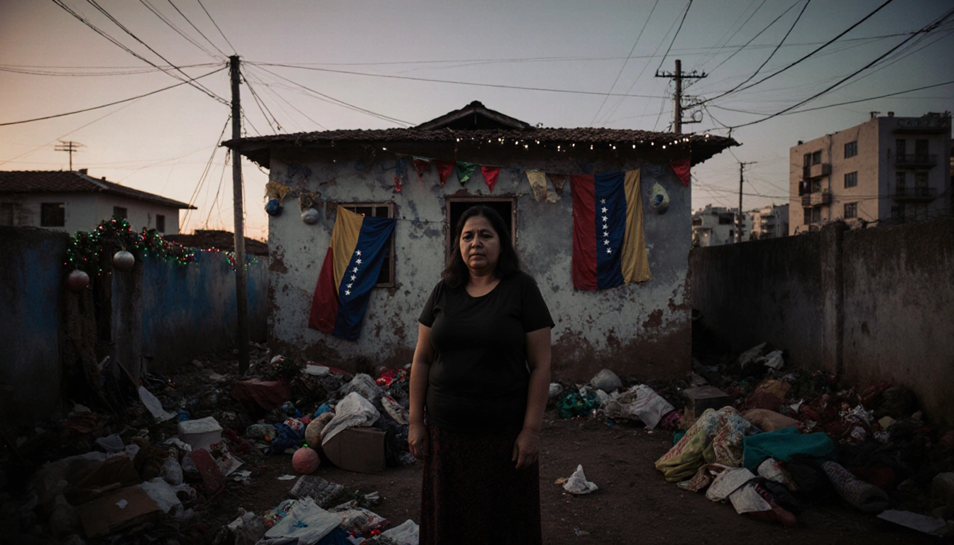 Mariela stands with scattered belongings and faded Venezuelan flags in a modest house in Maracay at dusk.