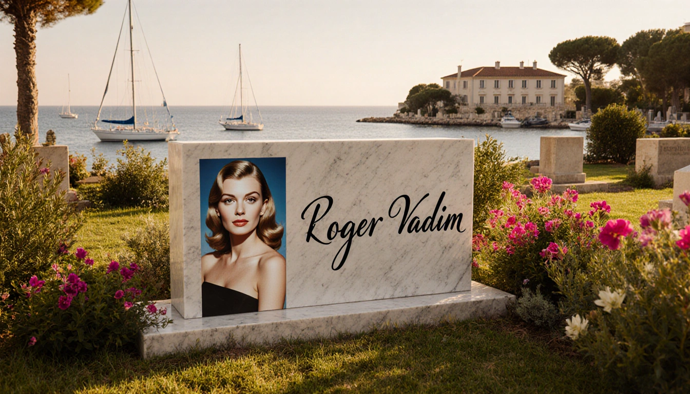 Marble headstone bearing Roger Vadim rests with lush flowers and distant La Madrague villa sea view.