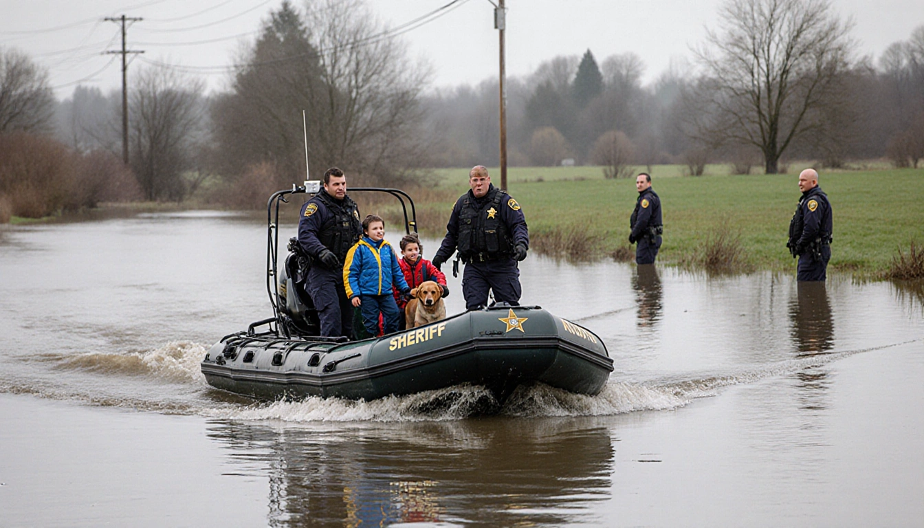 Rescue boat navigating flooded fields with family and dog while deputies guide from shore.