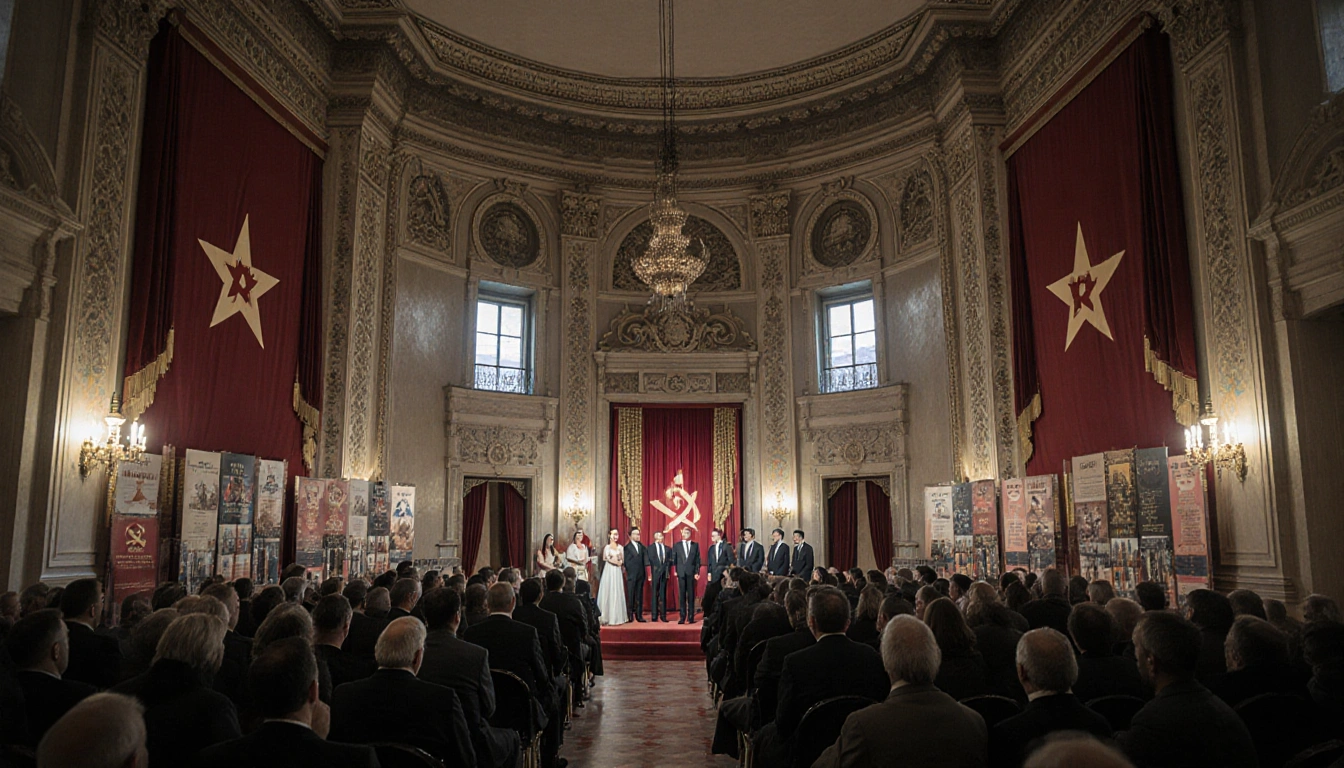 Dignitaries unveiling a new marquee at Mariupol theater with Russian literature displays and a shadowed protest outside.