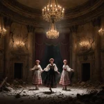 Dancers in kokoshniks dance in a damaged theater with golden chandeliers illuminating cracked plaster and scattered rubble.