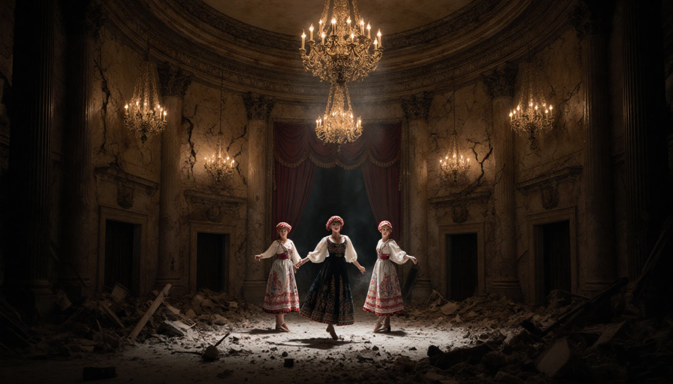 Dancers in kokoshniks dance in a damaged theater with golden chandeliers illuminating cracked plaster and scattered rubble.
