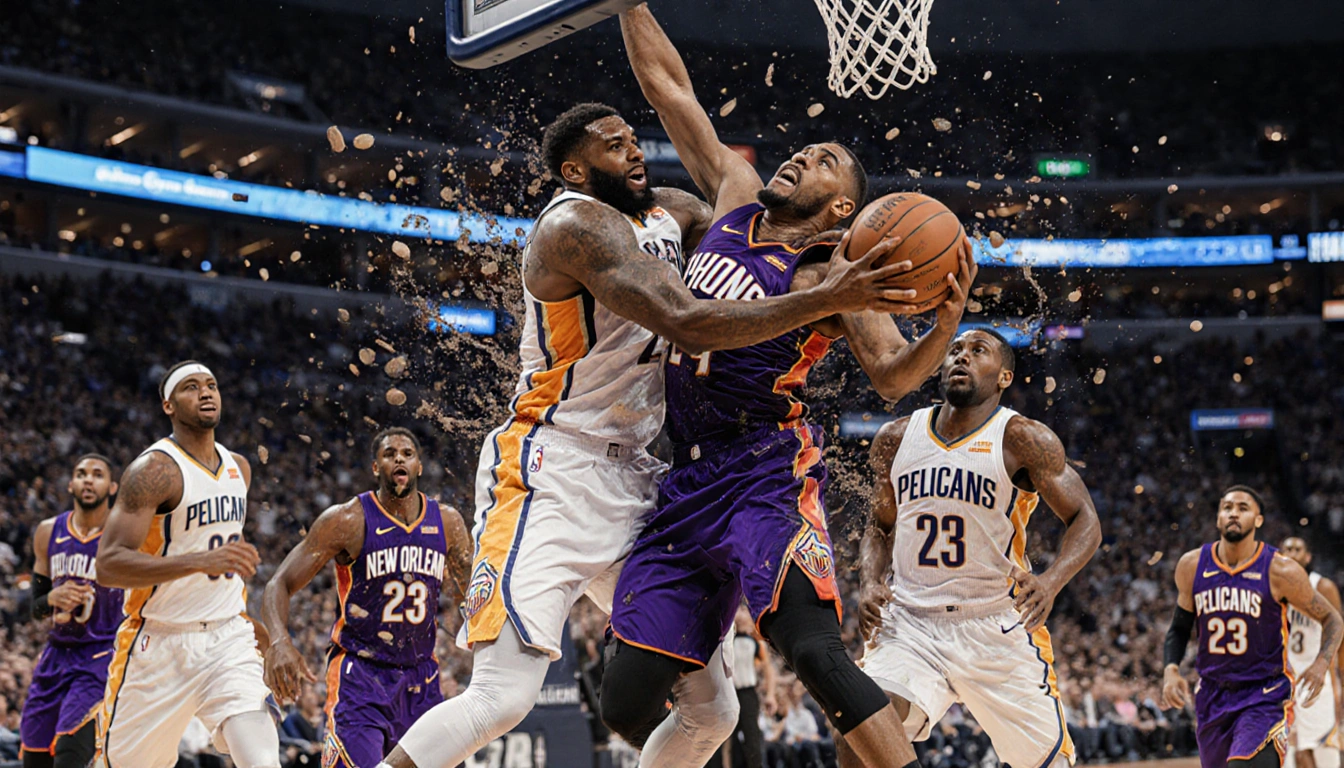 Mark Williams collides with Jose Alvarado mid‑air with swirling basketballs and sweat highlighting intense energy