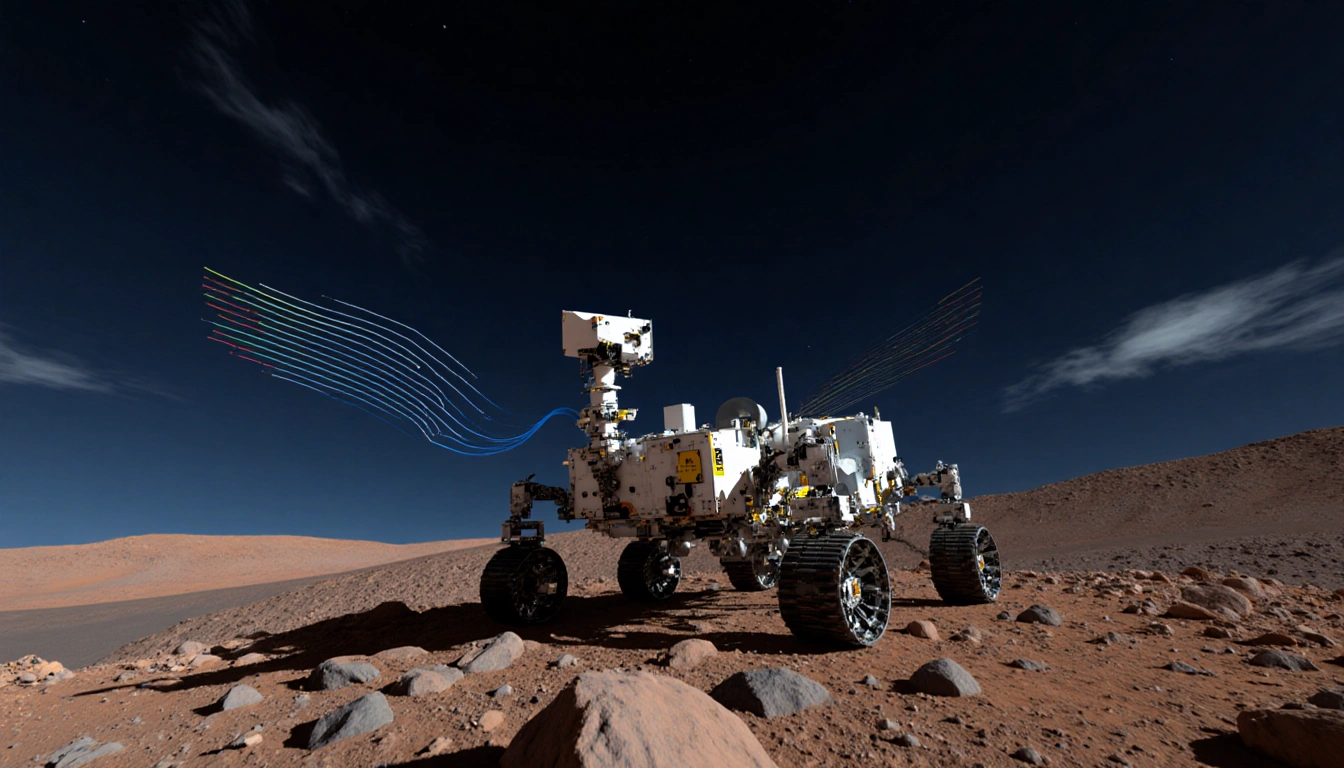 Mars rover extending arm for sample collection with solar panels glowing in sunlight on a rocky ridge