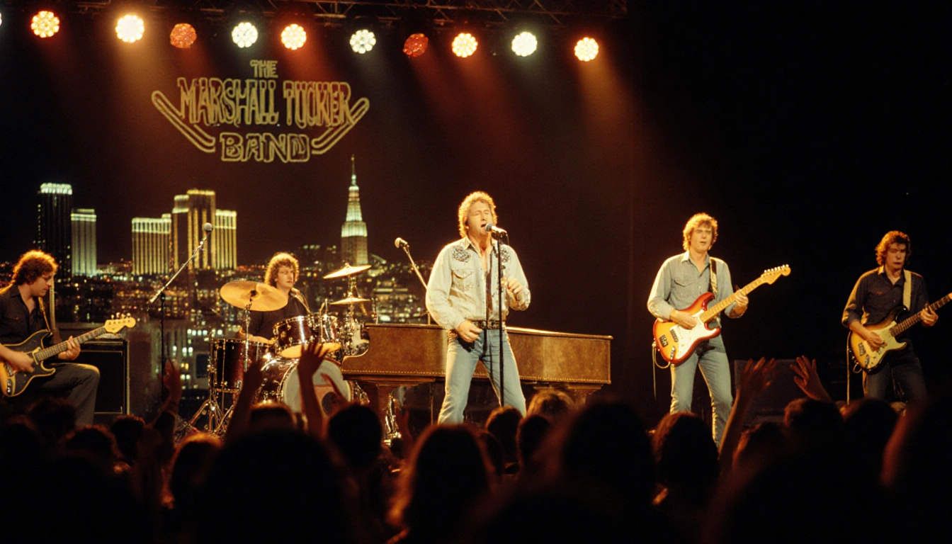 Lead singer belts out an anthem with stage lights and neon city reflections while the band plays around a vintage piano