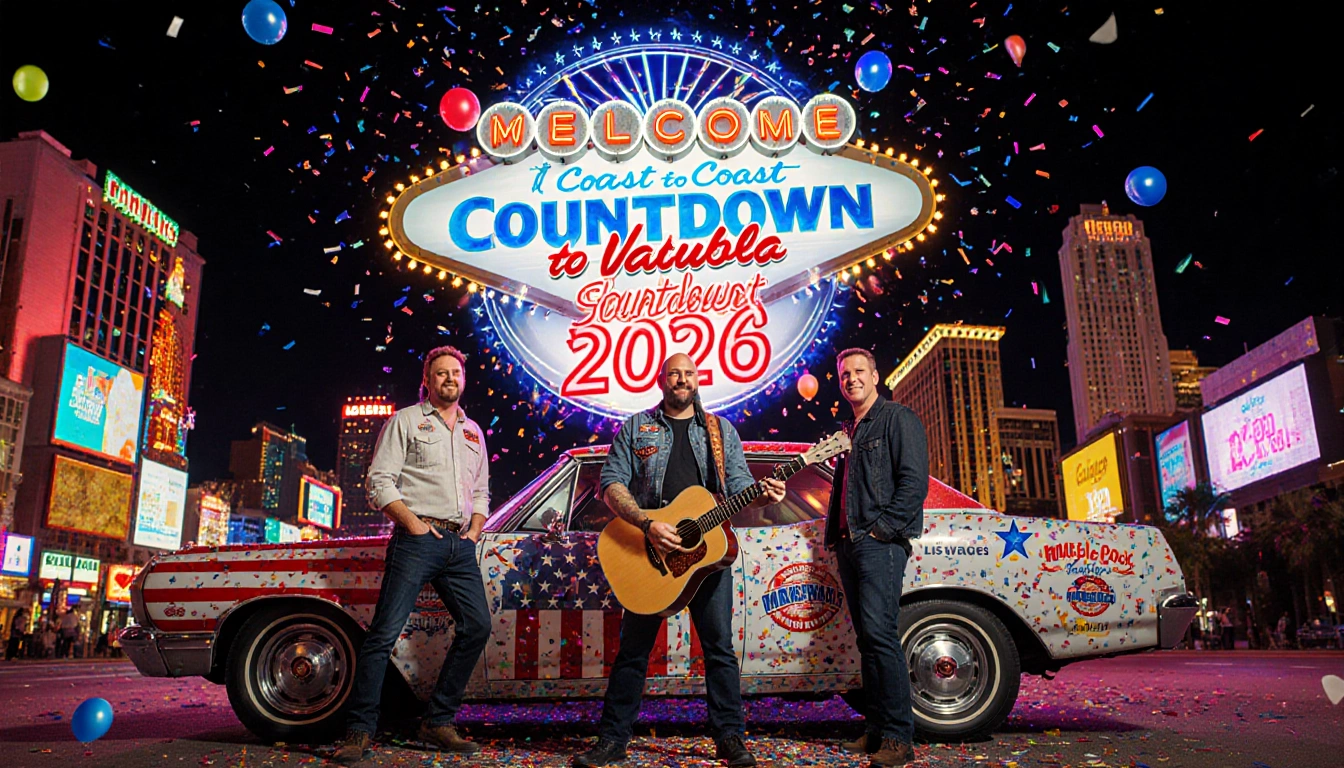 Lead singer holding guitar with neon-lit Vegas Strip and vintage car near Coast-to-Coast Countdown clock with confetti