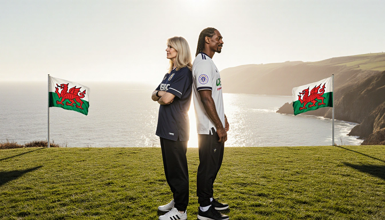 Martha Stewart and Snoop Dogg standing back‑to‑back looking at Swansea stadium with green grass and Welsh coast.