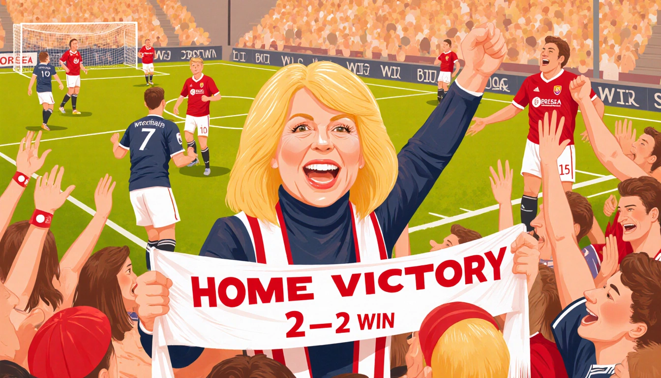 Martha Stewart holding a home victory banner with Swansea fans and a blurred field of Wrexham players in the background