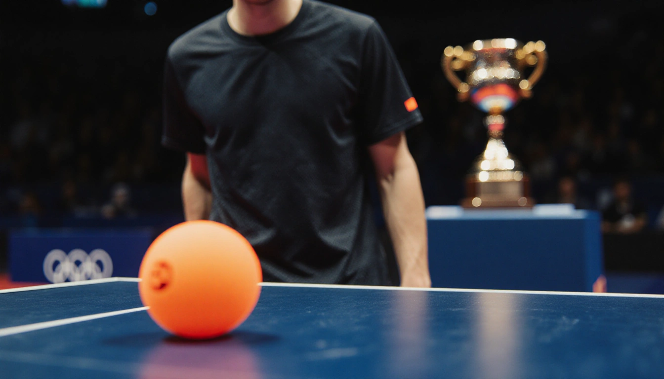 Marty Mauser standing beside a ping-pong table with an orange ball askew and trophy in background
