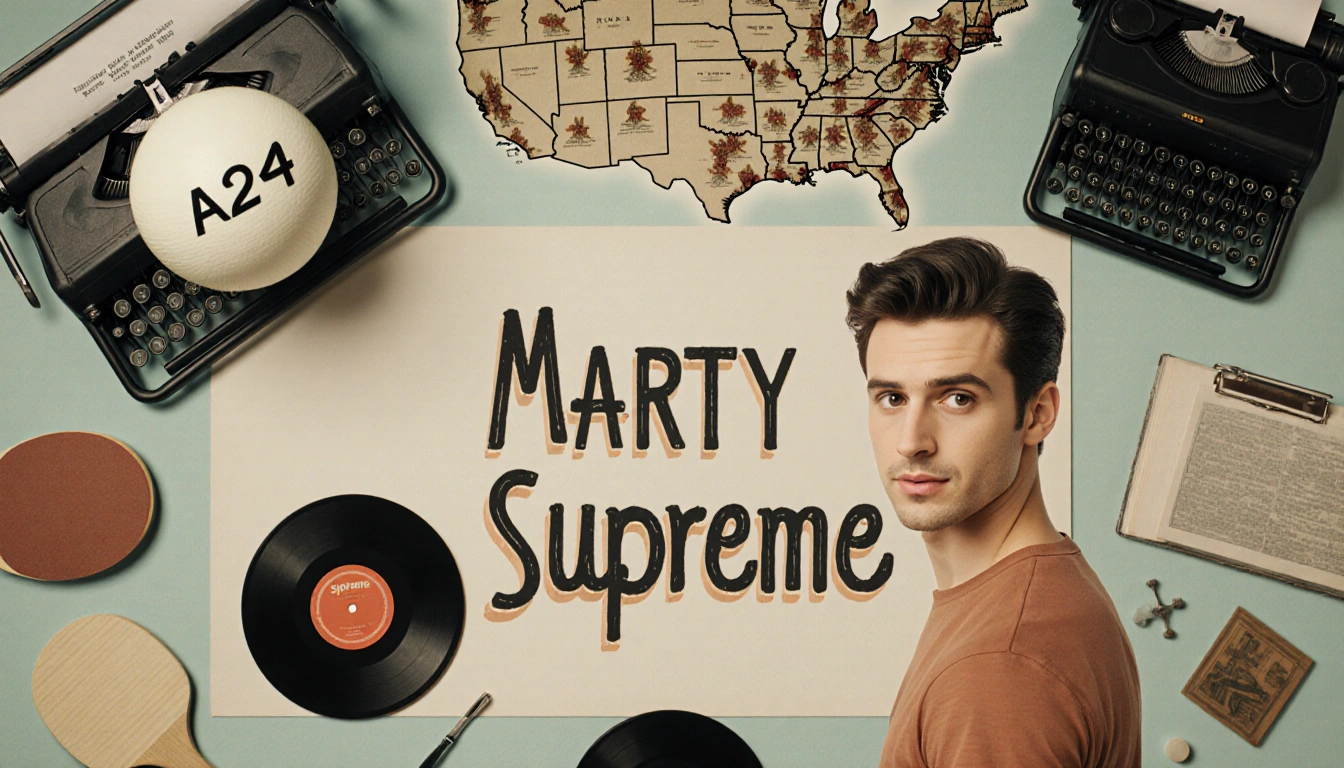 Marty Supreme logo appears with a table-tennis ball and props while Timothée Chalamet's face looks at viewer in muted pastels