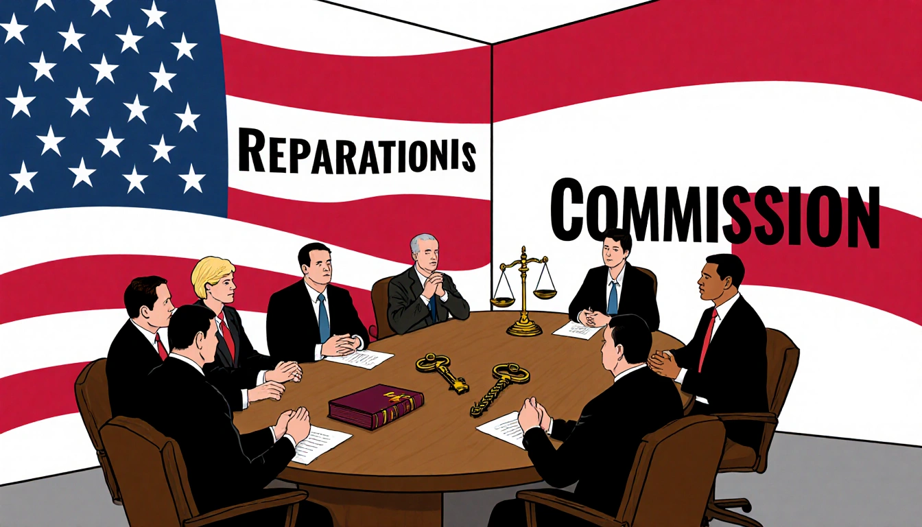 Maryland lawmakers gather around a wooden table with a flag and symbols of reparations showing unity.