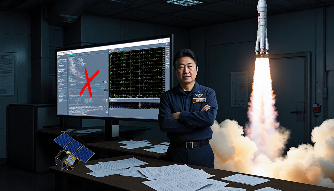 Masashi Okada stands before a computer with launch telemetry and a firing rocket engine in background satellite with red X