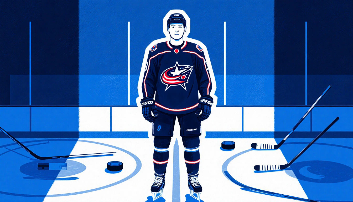 Mason Marchment standing tall on blue Blue Jackets rink with sticks and pucks scattered showing 215 pounds and 284 penalty mi