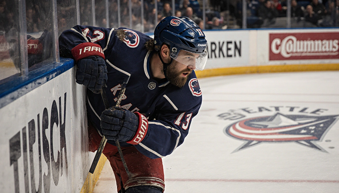 Mason Marchment crashes into the boards with Blue Jackets logo and Seattle Kraken branding and warm glow