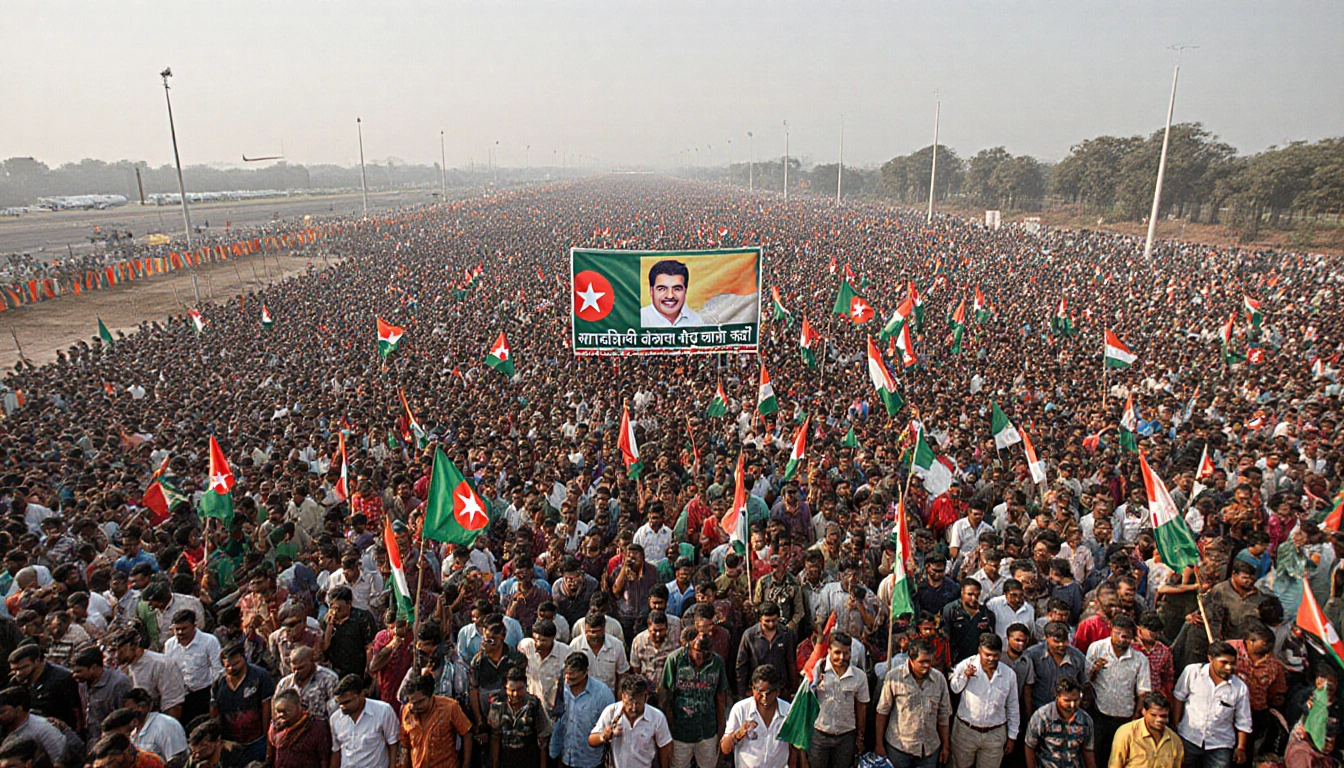 Massive crowd waving flags with vibrant colors and energetic expressions near the airport and venue.