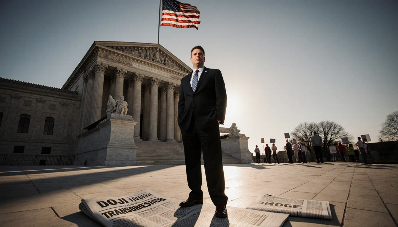 Rep. Thomas Massie standing before a federal courthouse with an American flag waving above and a headline newspaper scattered