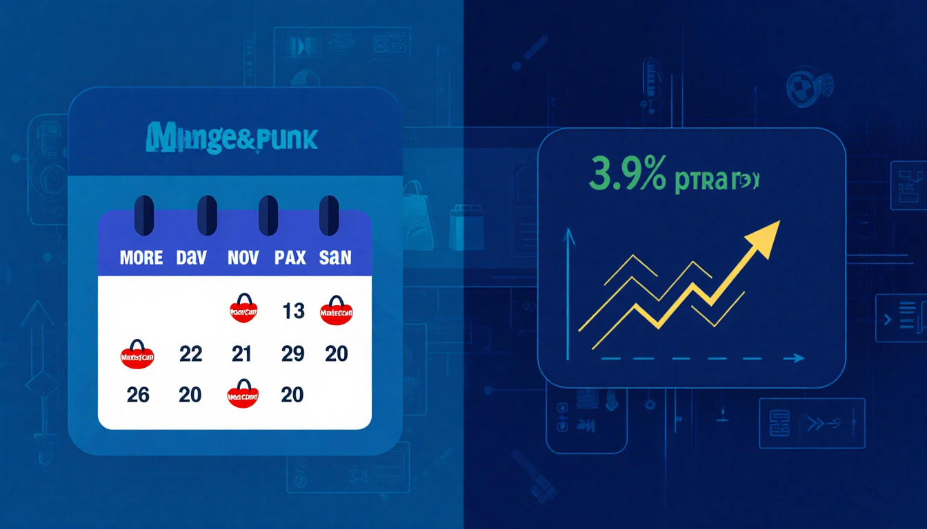 Calendar marking days with shopping bags and a chart rising line shows 3.9% spending increase
