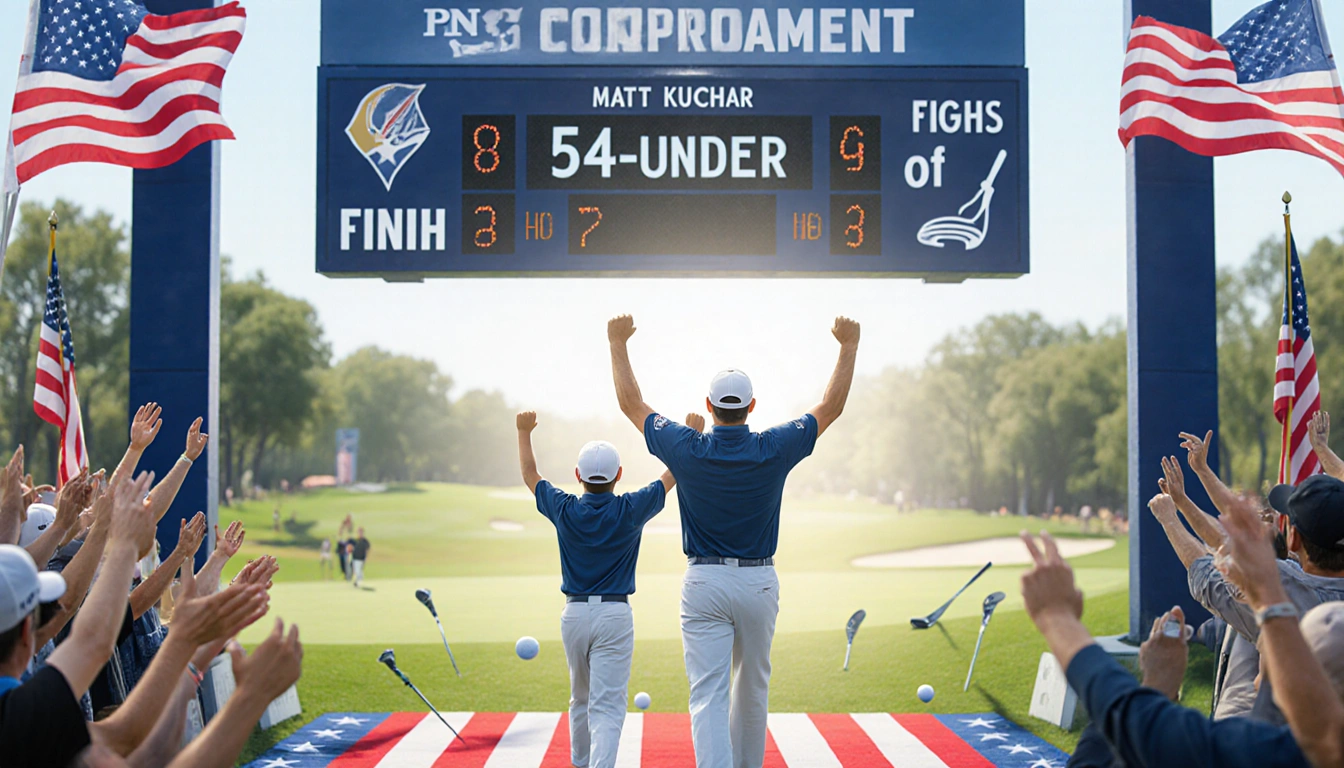 Matt Kuchar and son cross finish line with arms raised in triumph with scoreboard showing 54-under and American flag colors o
