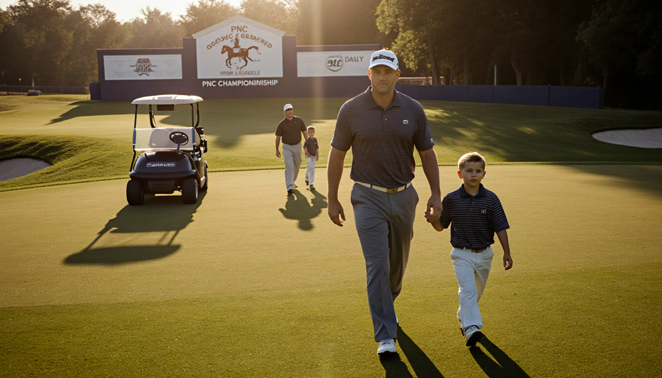 Matt Kuchar and son Cameron walking on green 14th hole with golf carts behind and Horse and Saddle sign in background.