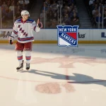 Matt Rempe steps onto the ice with polished gear nodding to teammate against a soft Rangers arena background in golden light.