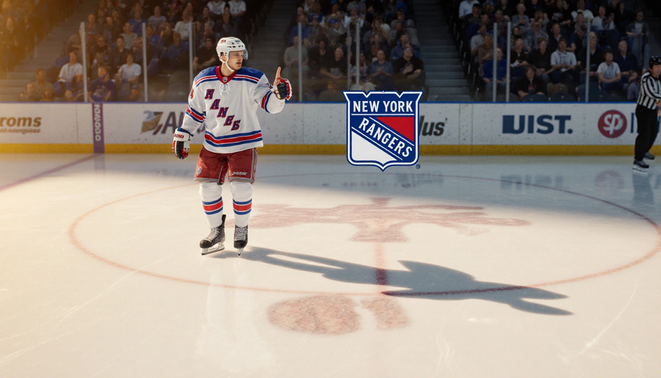 Matt Rempe steps onto the ice with polished gear nodding to teammate against a soft Rangers arena background in golden light.