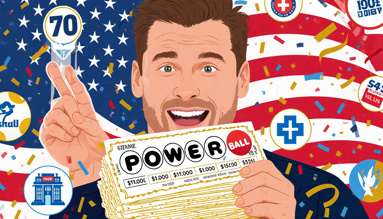 Matt Strawn joyfully holds a Powerball ticket with a patriotic flag backdrop and confetti.