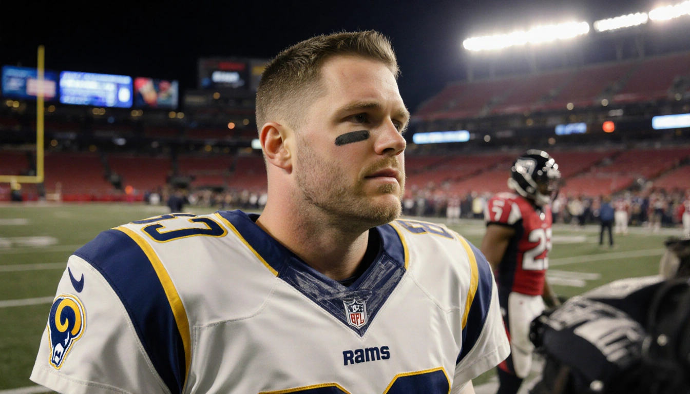 Matthew Stafford standing with Rams lights on his face and a red to yellow gradient.