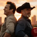 Matthew McConaughey and Woody Harrelson stand back-to-back holding a giant apple with the Austin skyline at sunset