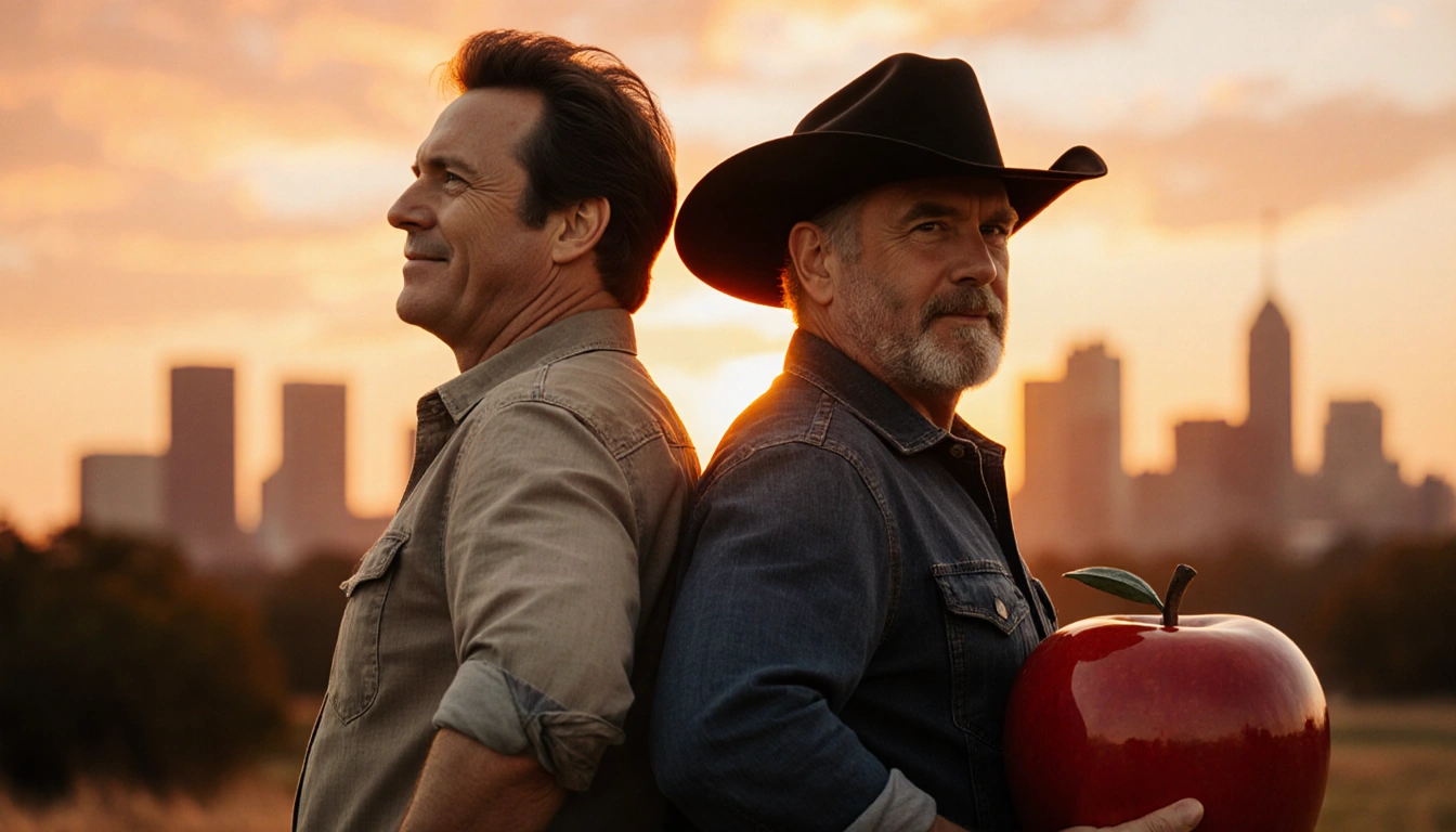 Matthew McConaughey and Woody Harrelson stand back-to-back holding a giant apple with the Austin skyline at sunset