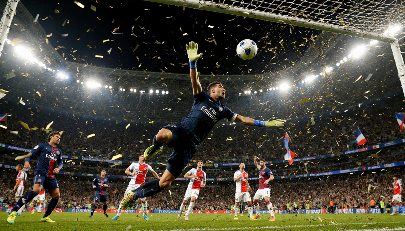 Matvei Safonov diving to the right for a penalty save with confetti and stadium lights swirling behind.