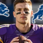 Max Brosmer standing in a Vikings jersey holding a football under golden light with blurred Detroit Lions logo behind