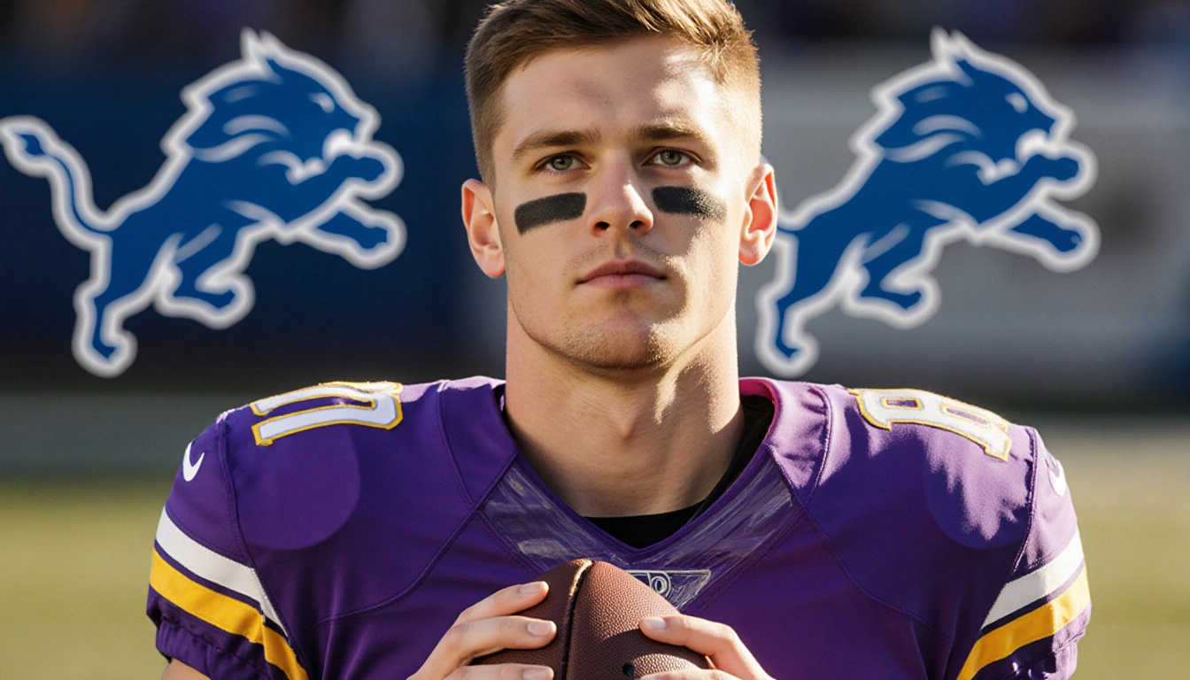 Max Brosmer standing in a Vikings jersey holding a football under golden light with blurred Detroit Lions logo behind