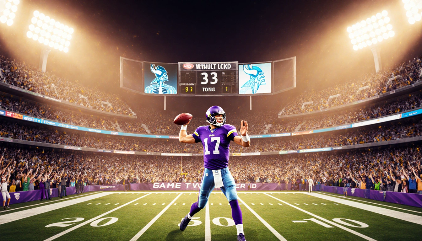 Max Brosmer throws a pass with the Vikings clock counting down and X-ray style graphics in the stadium seats