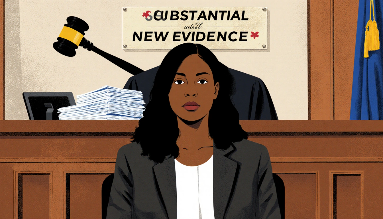 Ghislaine Maxwell sits determined in courtroom with judge's face hidden by gavel and banner reading SUBSTANTIAL NEW EVIDENCE