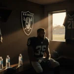 Maxx Crosby sits on a bench with empty water bottles and the Raiders logo visible behind him in warm light