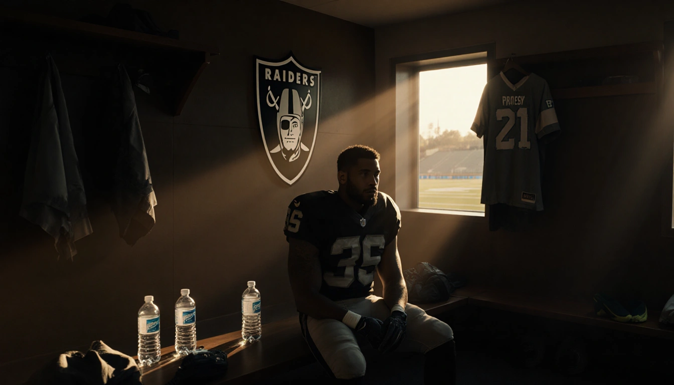 Maxx Crosby sits on a bench with empty water bottles and the Raiders logo visible behind him in warm light