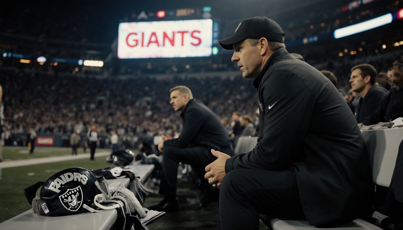 Maxx Crosby sits on Raiders bench with Coach Pete Carroll explaining bench decision and a blurred Giants logo looming behind.