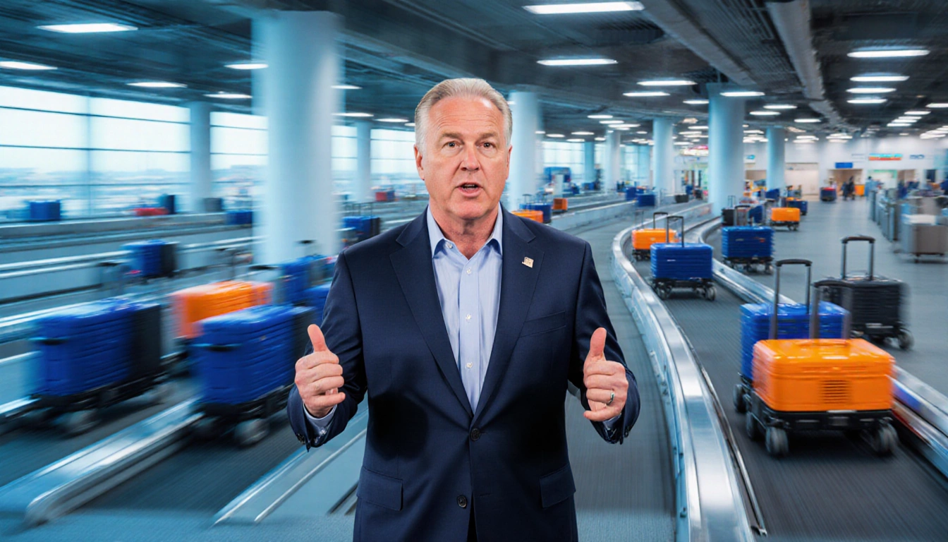 Mayor Kirk Watson gesturing with sleek conveyor belts and automated carts with technology in a blue orange airport