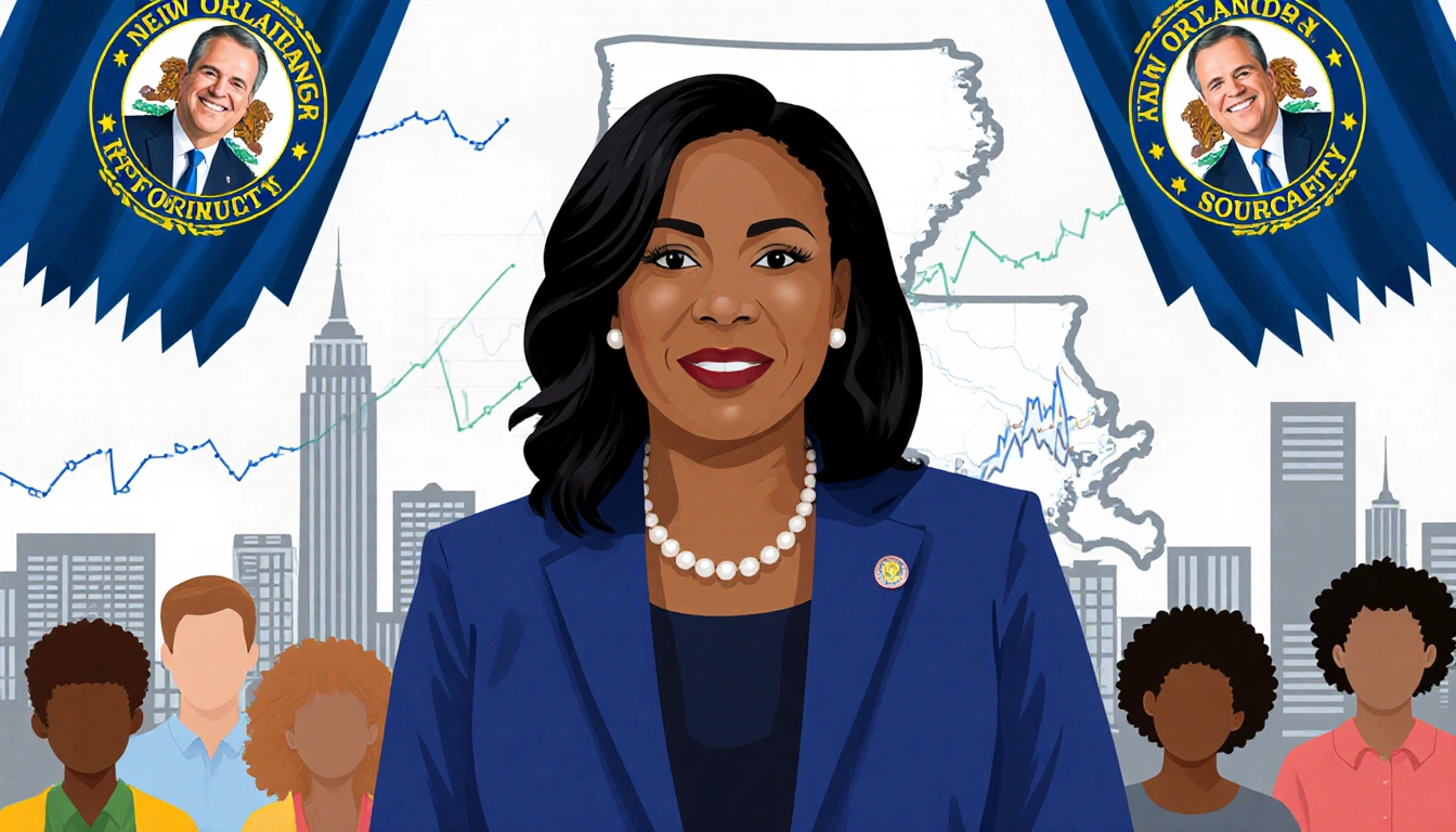 Mayor LaToya Cantrell standing before city skyline with crime rate graphs and diverse community crowd