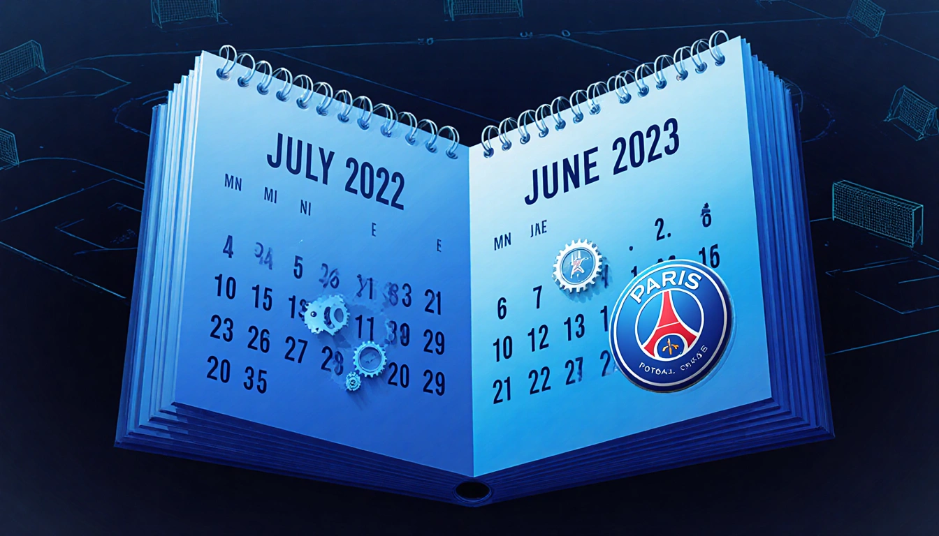 Calendar spread shows July 2022 to June 2023 months with gradient blues and clockwork gears overlay fields background.