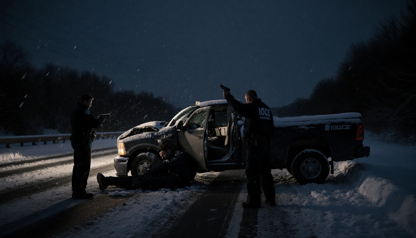 ICE officer holding gun with van driver over wheel beside pickup on Maryland highway.