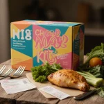 Meal kit box sits on a worn wooden table with golden chicken and crisp veggies and discount coupons nearby