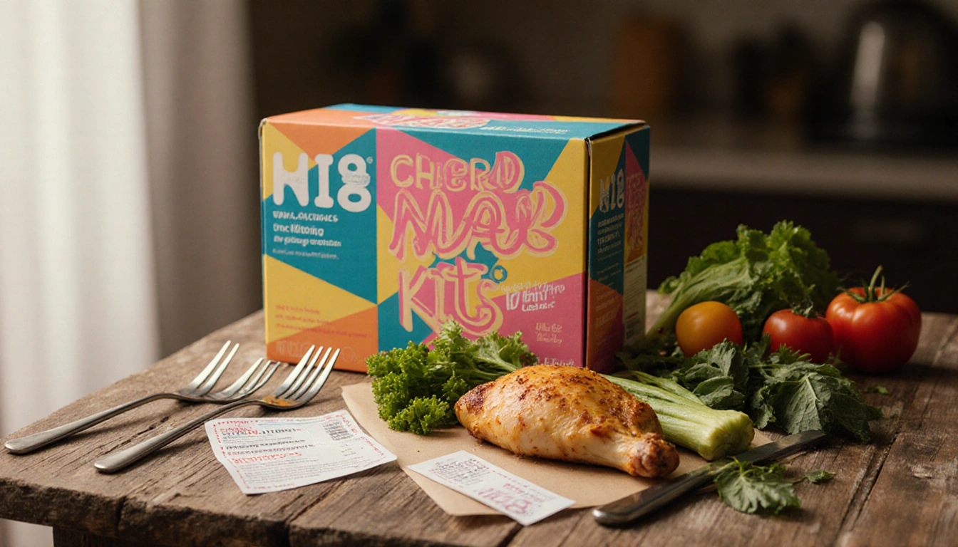 Meal kit box sits on a worn wooden table with golden chicken and crisp veggies and discount coupons nearby