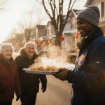 Volunteer delivering steaming meal tray with smiling seniors and festive holiday lights in golden winter morning.