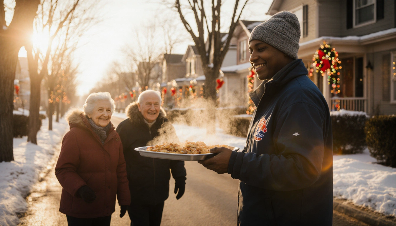Volunteer delivering steaming meal tray with smiling seniors and festive holiday lights in golden winter morning.