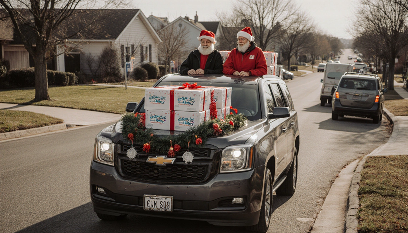 Secord and his son Patrick drive delivery van with Meals on Wheels boxes greeting recipients at front doors as volunteers.