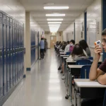 Child sits alone in empty classroom clutching a thermometer and looking worried during measles outbreak in West Texas school