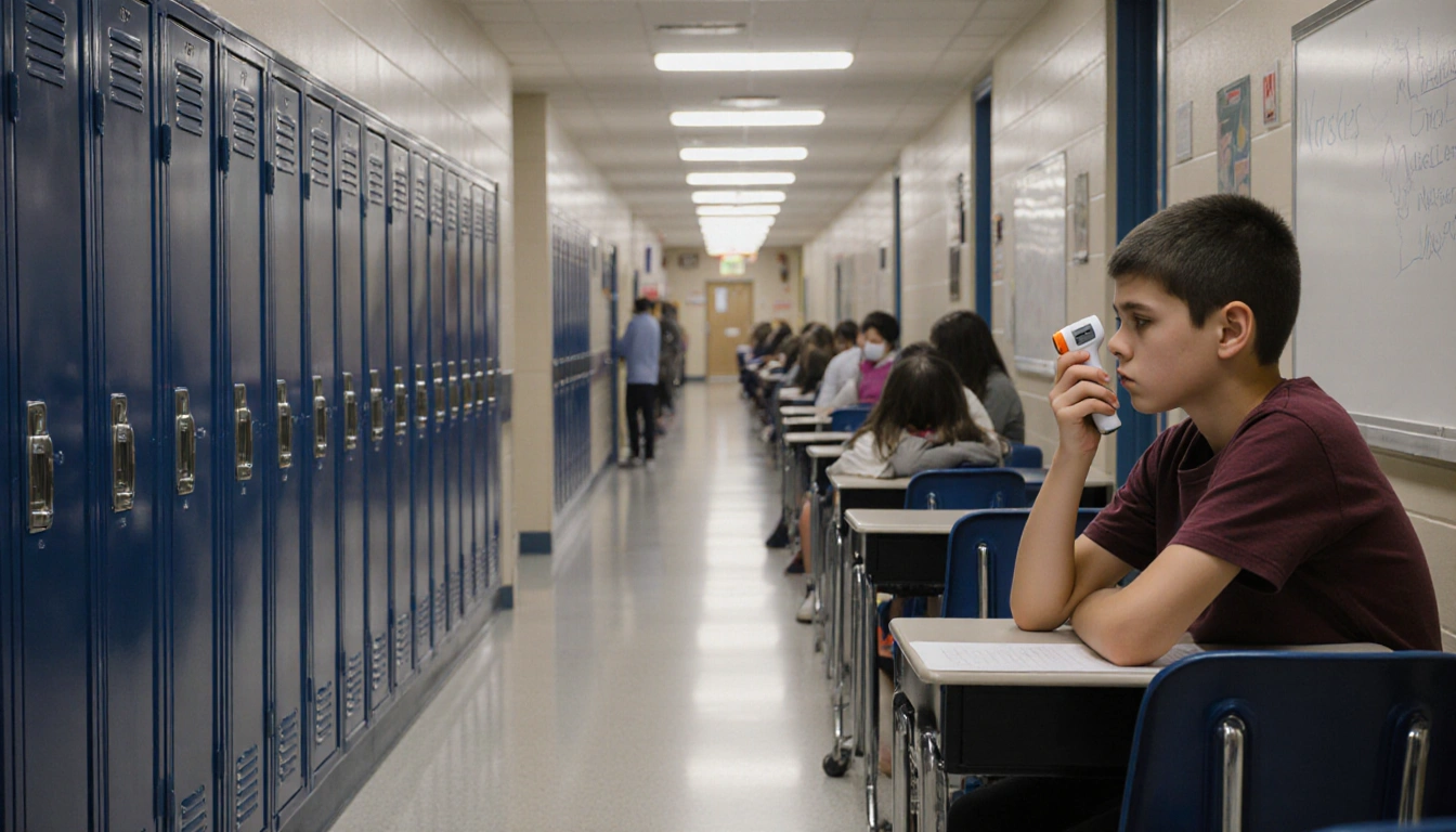 Child sits alone in empty classroom clutching a thermometer and looking worried during measles outbreak in West Texas school