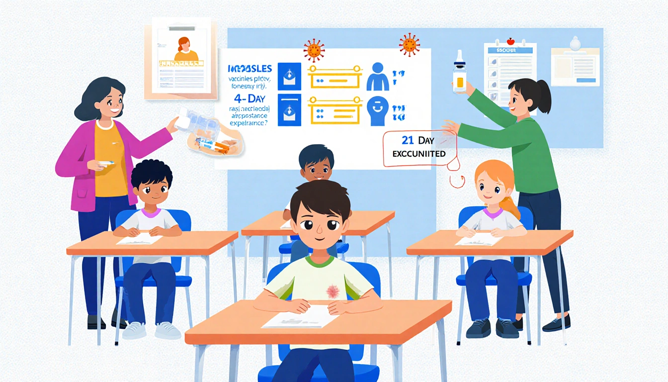 Student with measles rash sits alone at desk with classmates receiving vaccines and timelines displayed in bold colors.