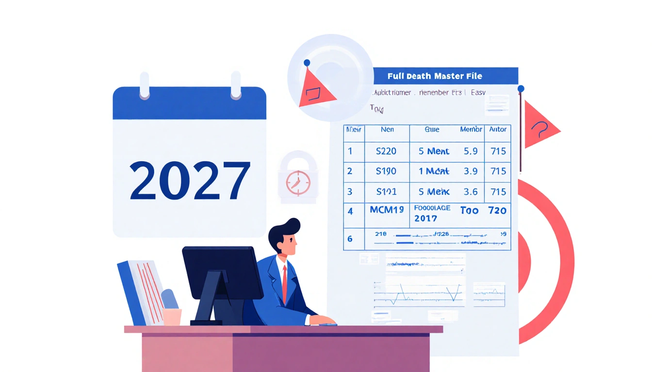 State auditor reviewing Medicaid audit results on computer with 2027 calendar and error flag icons.